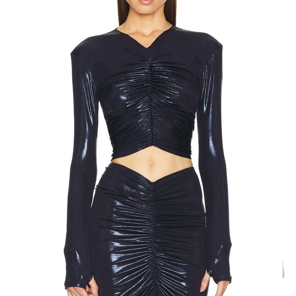 Norma Kamali Long Sleeve V Neck Shirred Front Top, XS - Picture 1 of 5